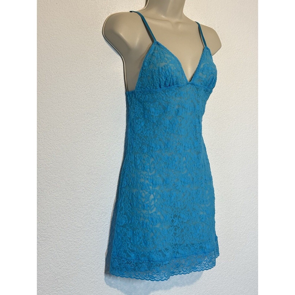 Victoria Secret Mesh Lace Chemise Slip Dress Blue Aqua‎ Size Medium Sheer Empire - Picture 2 of 9